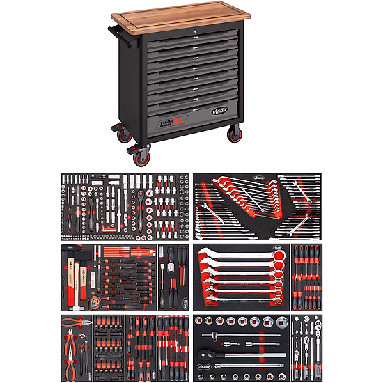 Werkstattwagen Series XL ∙ Holz-Arbeitsplatte ∙ mit Sortiment