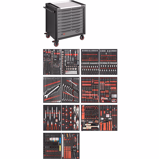 Werkstattwagen Series XD ∙ extratief ∙ Edelstahl-Arbeitsplatte ∙ mit Sortiment